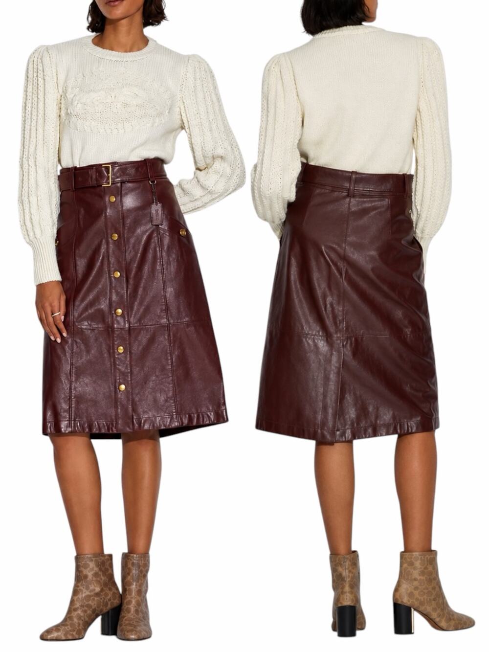 Coach 1941 Snap Front Lamb Leather A Line Midi Skirt Espresso Red Size 4